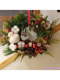 Coroniță cu mix de conifere, crenguțe de măslin, îngeraș, ilex și flori de bumbac 1_610714101